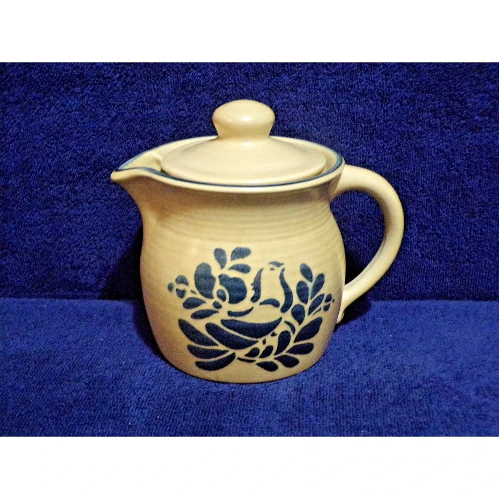 Pfaltzgraff Folk Art Tea Pot Creamer Brown & Blue Stoneware 40 oz #550 Vintage